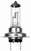 A clear glass automotive or headlight bulb with a silver metal base, black top and bottom caps, and two visible pins extending downward, shown on a plain white background.