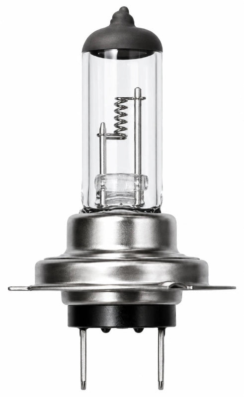A clear glass automotive or headlight bulb with a silver metal base, black top and bottom caps, and two visible pins extending downward, shown on a plain white background.